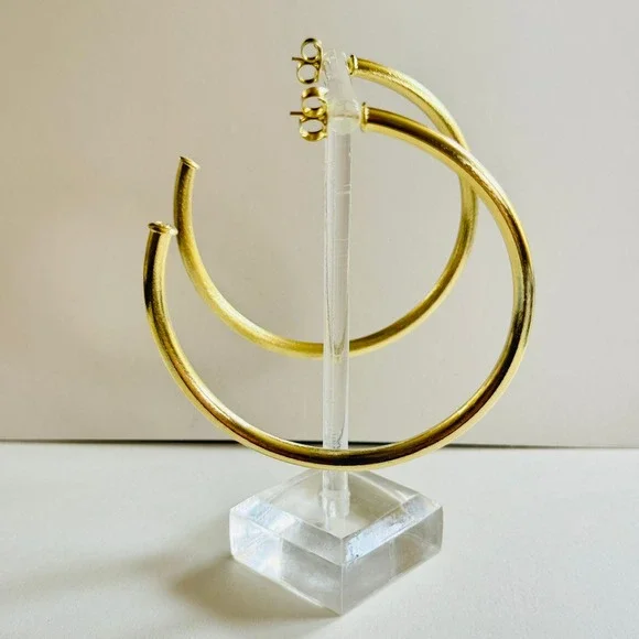 Sheila Fajl Arlene Hoop Earrings dangle Post 14k Gold plated Brushed Metal 2.5"L